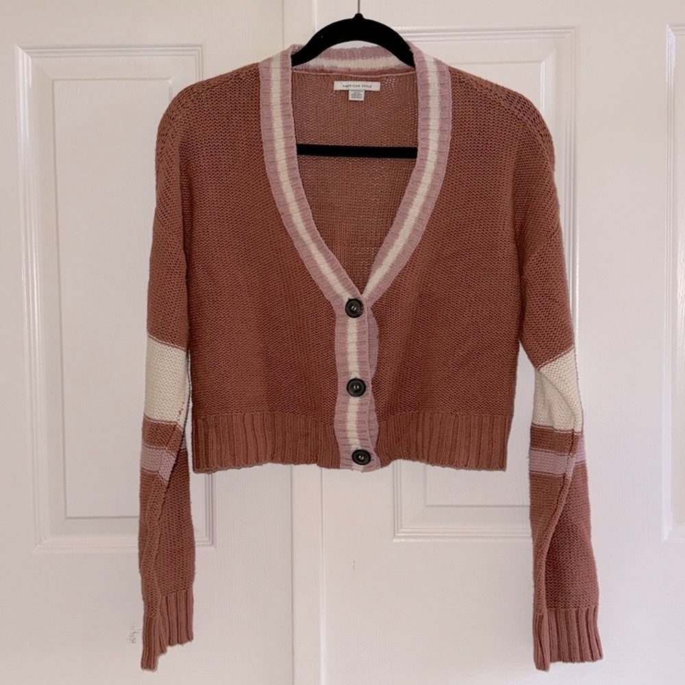 NWOT AEO American Eagle Burnt Orange Pink White Macaron Knit Cardigan Sweater